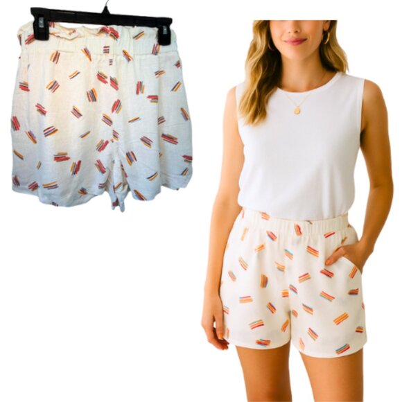 LUSH Linen Blend Abstract Print White Shorts Size M - Picture 1 of 13